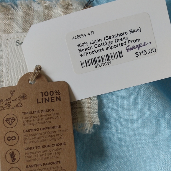 Nantucket Summer 100% Linen Sea Blue Beach Dress Classic House Picnic Cottage L - Picture 10 of 16